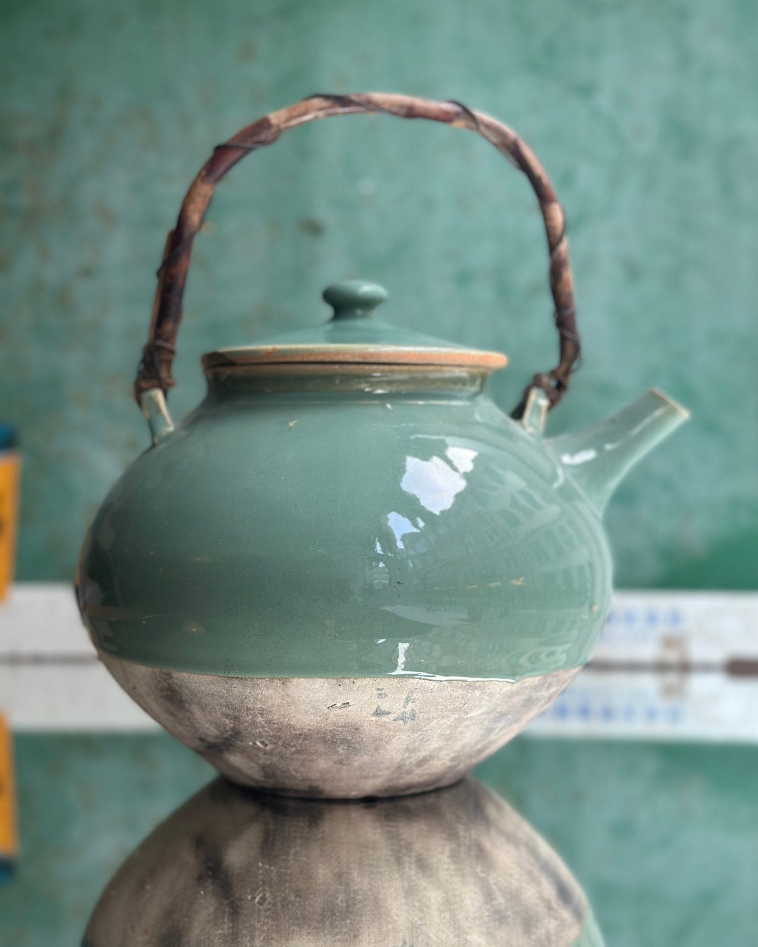 Vintage Ceramic Teapot in Teal Glaze - OHAYŌ