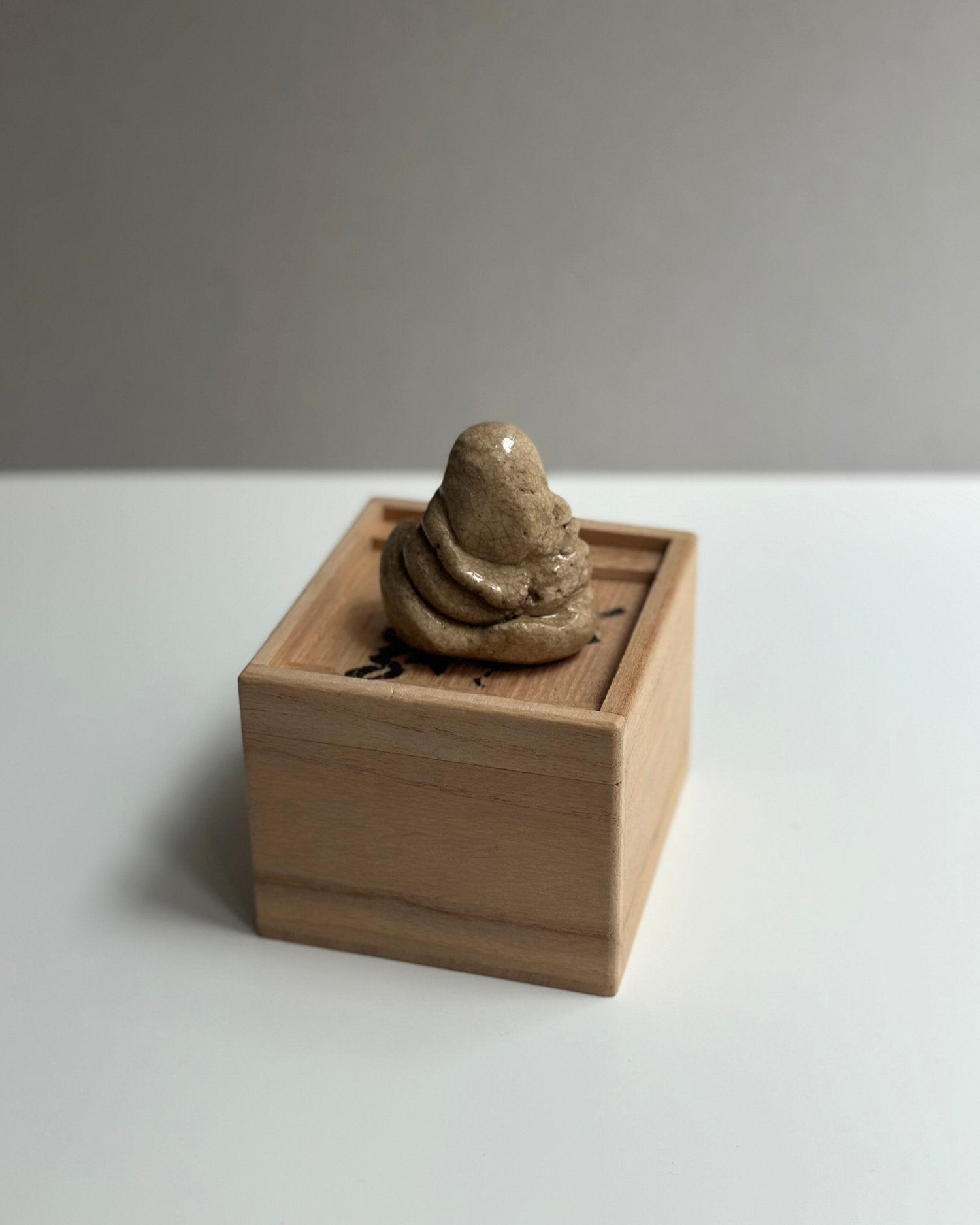 Miniature Clay Daruma Figurine with Wooden Box