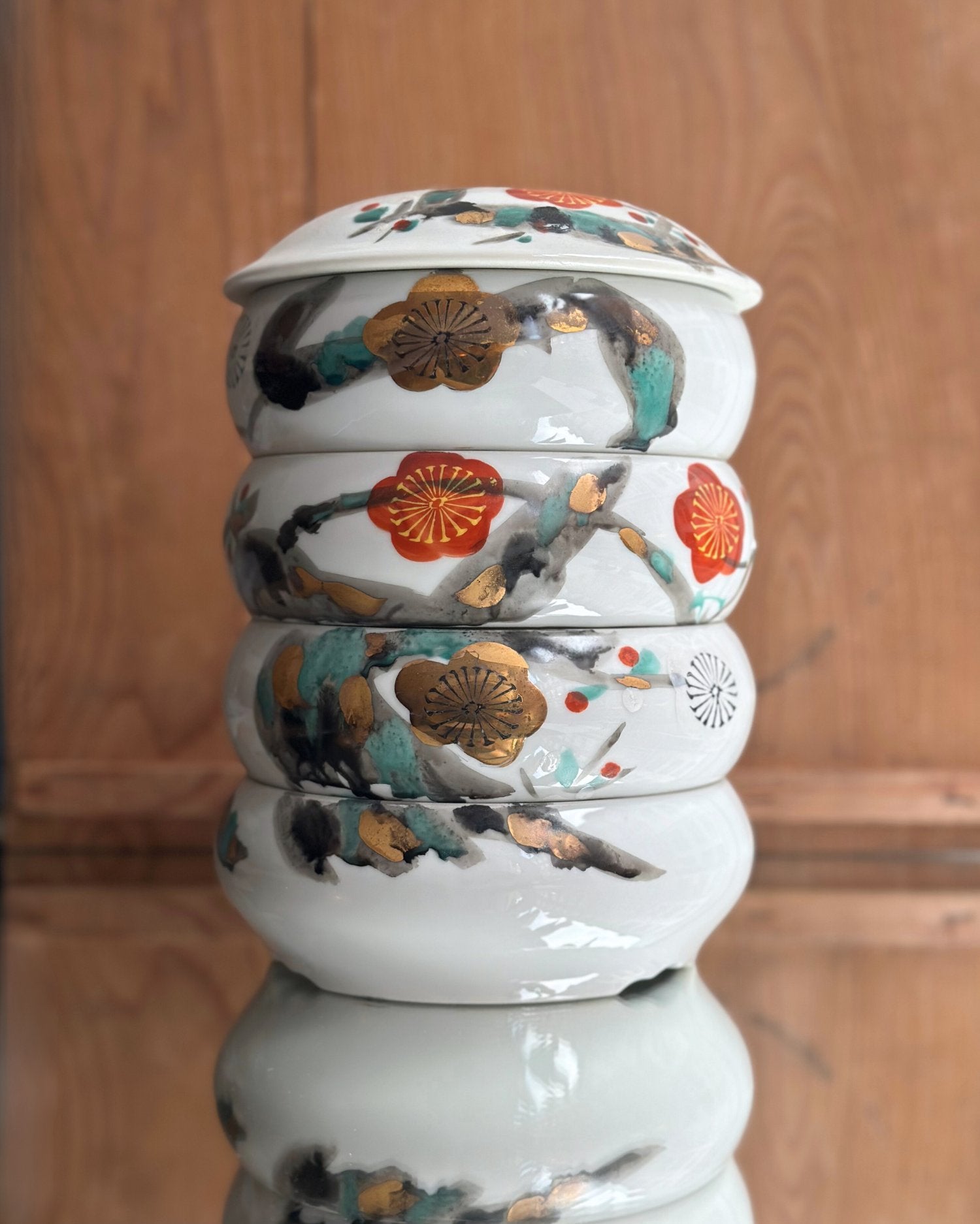 Porcelain Four-Tier Bento Box with Floral Design - OHAYŌ