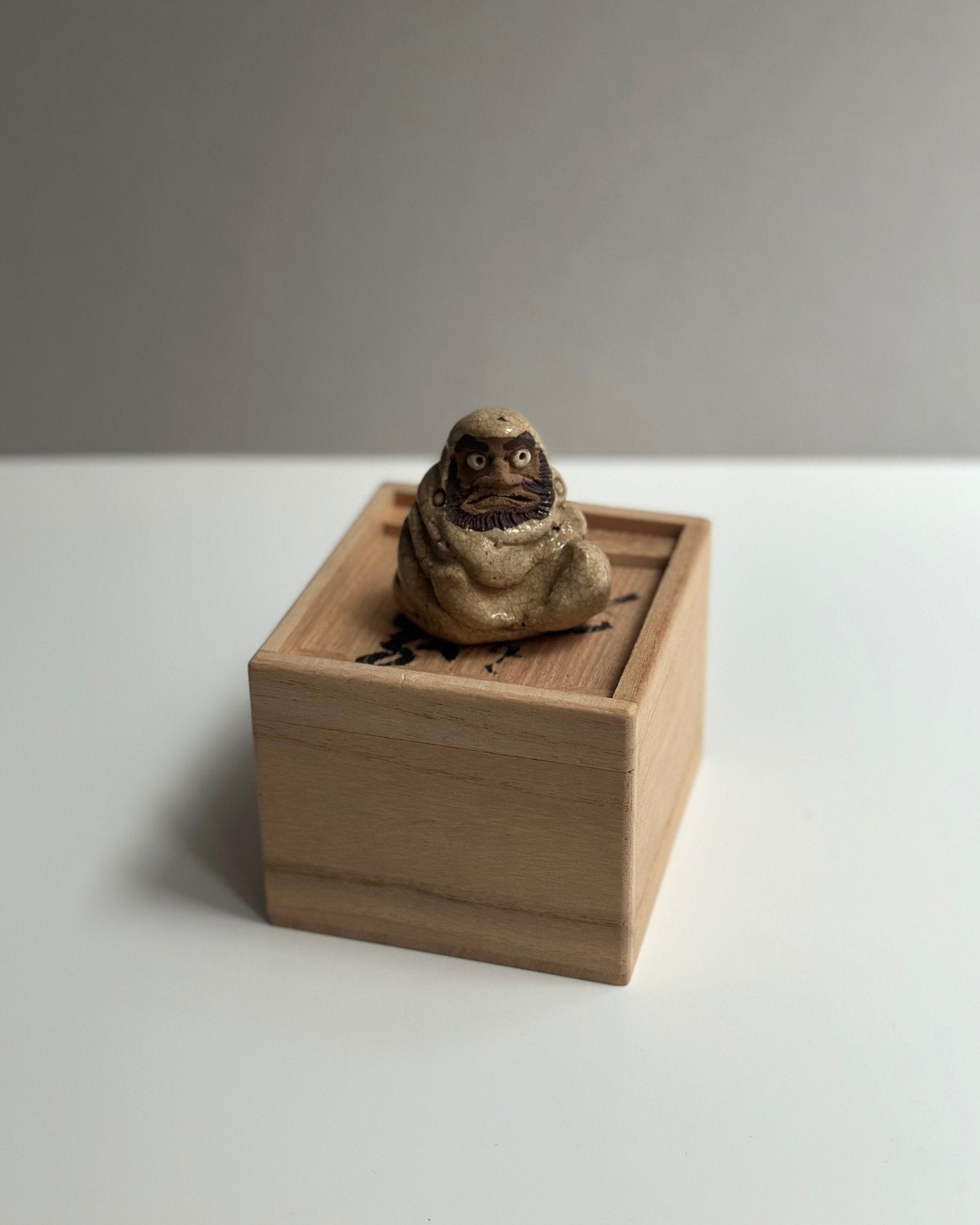 Miniature Clay Daruma Figurine with Wooden Box